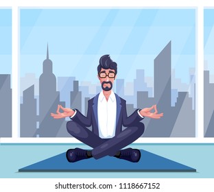 Businessman meditates sitting on carpet at office.Vector illustration.