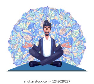 Businessman meditates sitting on carpet .Vector illustration.