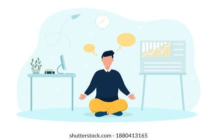 Businessman meditating and concentrating in office at work. Concept of keeping yourself sane and concentrated by meditating during work break. Flat cartoon vector illustration