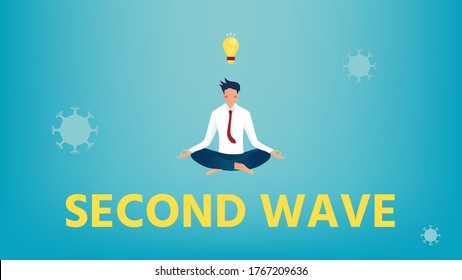 Businessman meditating and floating on "SECOND WAVE" lettering, yellow light bulb above head, pink cheek character on gradient blue background, vector illustration for graphic design, business banner