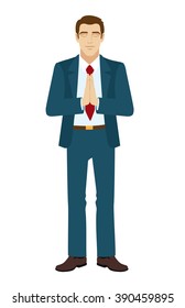 Businessman meditating. Businessman folded his hands in prayer. Businessman with eyes closed. Vector illustration.