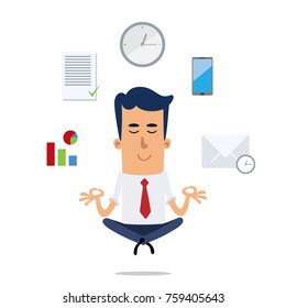 Businessman meditating, he has some icons around him