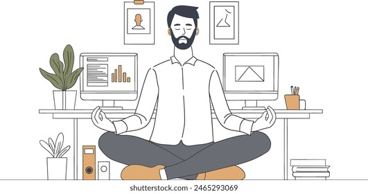 A businessman meditating in his office, workplace wellness, corporate mindfulness, professional relaxation, one continues line art vector illustration