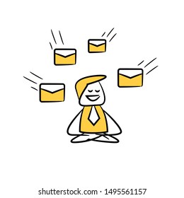 businessman meditating and ignore any emails for work happy concept yellow stick figure