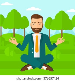 Businessman meditating in lotus pose.