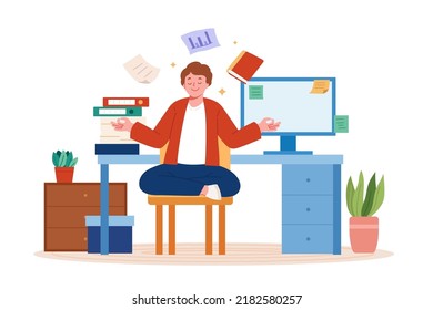 Businessman meditating in lotus position flat illustration. Office worker relaxing in padmasana pose with documents and book flying around him.