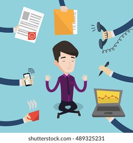 Businessman meditating in lotus position. Man surrounded by hands with office things. Businessman doing yoga. Multitasking and time management concept. Vector flat design illustration. Square layout.