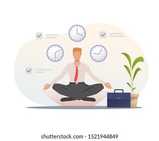 Businessman meditating in office. Yoga, lotus position, clock, briefcase. Time management concept. Vector illustration for presentation slide template or website design
