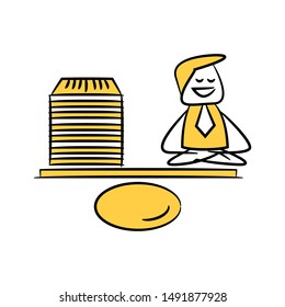 businessman meditating on balance with stack of documents yellow stick figure design