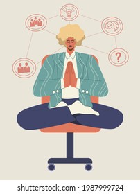 Businessman Meditating on chair and solve problems at work, yoga relax lotus position, in office. Vector design illustrations isolated. 
