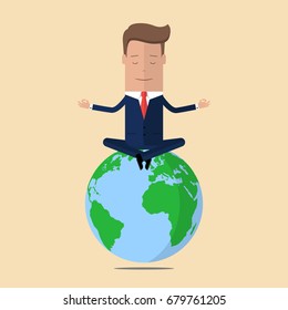 Businessman meditating on earth. Businessman doing yoga on top of the earth. Vector illustration