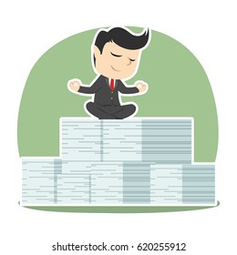 businessman meditating on his document task stack