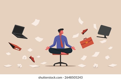 Businessman meditating on an office chair while surrounded by flying papers, devices, and office supplies, concept of staying calm, focused, and mindful, vector flat illustration