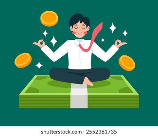 Hombre de negocios meditando en una pila de dinero: Una ilustración de estilo plano de un hombre de negocios meditando en una pila de dinero mientras está rodeado de monedas. La ilustración transmite estabilidad financiera, riqueza.