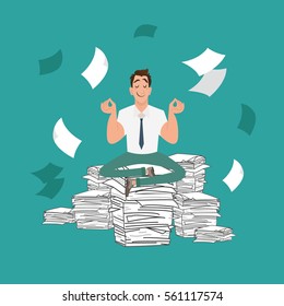 Businessman meditating in peace on a pile of documents. Businessman has a lot of work to do. Flat office illustration.