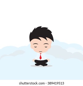 Businessman is meditating and relaxing with cloud computing in lotus pose,Vector illustration, on white background