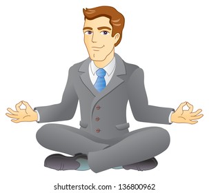 Businessman is meditating and relaxing in lotus pose. Business yoga. Vector illustration.