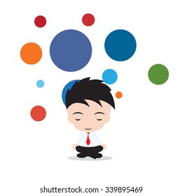 Businessman is meditating and relaxing in lotus pose Business yoga. Vector illustration, on white and bubble floating background