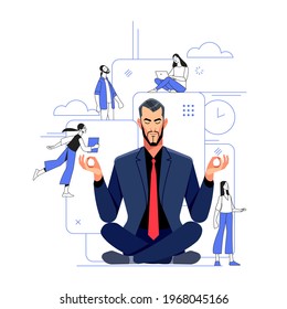 Businessman meditating and relaxing in lotus position meditation and yoga in a noisy office. People work in business, workflow management, and office situations. Flat vector illustration.