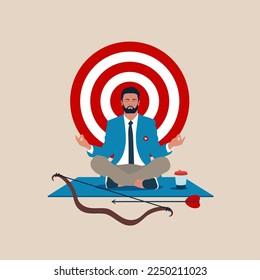 Businessman meditating to review business goals. Concentrate and focus on the goal. Flat vector illustration.