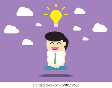 Businessman meditating in the sky. Keep calm, make right decisions and be successful in your business concept. Vector illustration, cartoon flat purple background