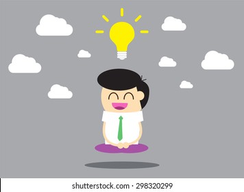 Businessman meditating in the sky. Keep calm, make right decisions and be successful in your business concept. Vector illustration, cartoon flat vector background