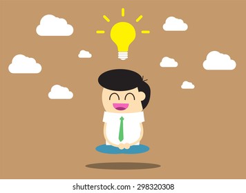 Businessman meditating in the sky. Keep calm, make right decisions and be successful in your business concept. Vector illustration, cartoon flat vector background