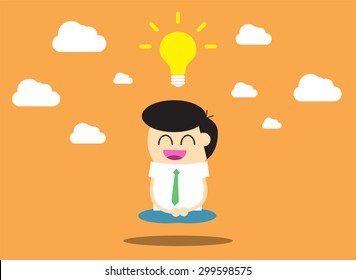 Businessman meditating in the sky. Keep calm, make right decisions and be successful in your business concept. Vector illustration, cartoon orange flat vector background