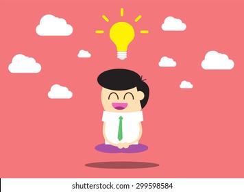 Businessman meditating in the sky. Keep calm, make right decisions and be successful in your business concept. Vector illustration, cartoon pink flat vector background