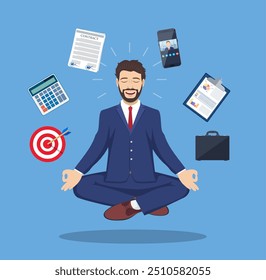 businessman meditating, time management, stress relief and problem solving concepts, man thinking about business in lotus pose. Vector illustration in flat style