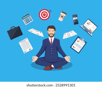 businessman meditating, time management, stress relief and problem solving concepts, man thinking about business in lotus pose. Vector illustration in flat style