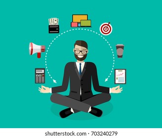 Businessman meditating, time management, stress relief and problem solving concepts, man thinking about business in lotus pose. Vector illustration in flat style