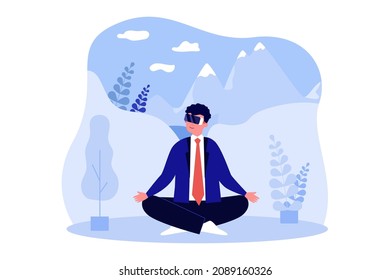 Businessman meditating in virtual reality, using VR headset. Man sitting in nature simulation glasses flat vector illustration. Cyberspace concept for banner, website design or landing web page