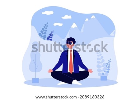 Businessman meditating in virtual reality, using VR headset. Man sitting in nature simulation glasses flat vector illustration. Cyberspace concept for banner, website design or landing web page