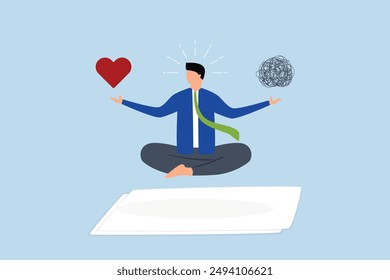 businessman meditating while hovering balancing messy chaos and passionate heart shape.