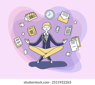 Businessman meditating at workplace flat vector illustration. Entrepreneur character practicing Zen with office icons on background. Relaxing, concentration and stress relief concept.