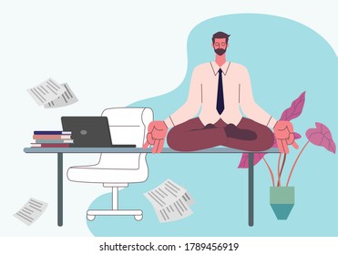Businessman meditating in yoga relax lotus position, in office. Vector flat design illustrations isolated on white background.