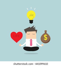 Businessman meditation balance between ideas, money and life. vector