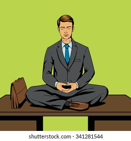 Meditación de empresarios caricatura de arte pop cómic estilo vectorial ilustración. imitación de historietas