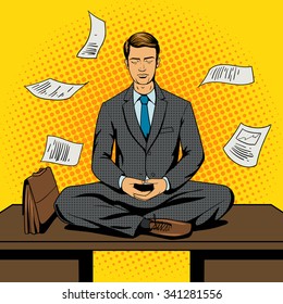 Businessman meditation cartoon pop art comic book style vector illustration. Comic book imitation