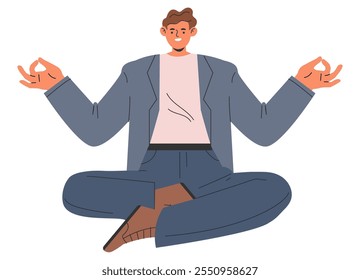 Conceito de meditação de homem de negócios. Um executivo masculino calmo pratica atento para gerenciar o estresse em um ambiente corporativo. Equilíbrio entre a vida profissional e a vida privada, conscientização sobre saúde mental. Ilustração vetorial.