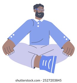 Businessman meditation concept. Professional in a relaxed pose seeking inner peace and mindfulness amidst a hectic schedule. Vector illustration.