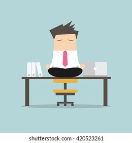 Businessman meditation in office. yoga at job. young man relaxing in lotus position on table with computer at work