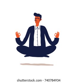 Businessman meditation in office.  Young man relaxing in lotus position. Cartoon Vector illustration.