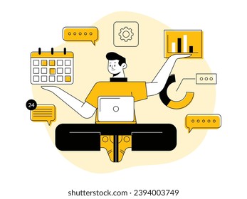 Businessman meditation, Stress relief, and problem-solving flat illustration vector concept, Business yoga concept, Multitasking, Time management, Productivity, Efficiency, attention, concentration