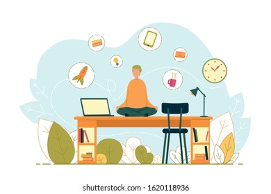 Businessman in Meditative Relaxing Yoga Pose at Workplace. Stress Relief and Keeping Calm in Multitasking. Time Management, Task Planning and Burnout at Work Prevention. Flat Vector Illustration.