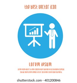 Businessman meeting simple isolated vector icon. Businessman with tie and chart graph board. Round blue white business success sign symbol.