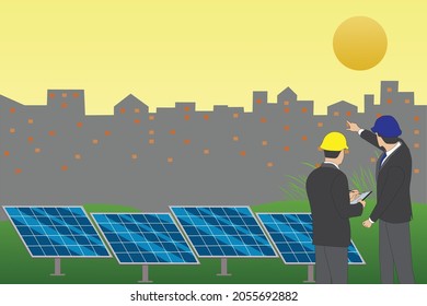 Businessman Meeting For Solar Energy Project At The Solar Station With Silhouette Of City In Background. Solar Photovoltaic Module. Vector And Illustration Design.