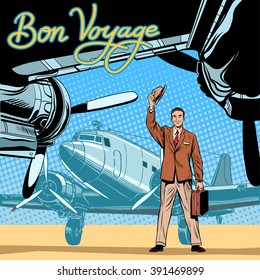 Businessman meets or accompanies departure aircraft pop art retro style. Pleasant meeting. Retro journey. Business trip