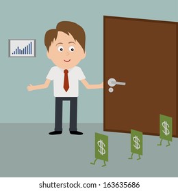 Businessman meets dollars in the office. Vector illustration.